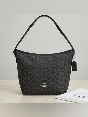 NWT Coach Black Signature Jacquard Shoulder Bag Black Charcoal Purse Hobo